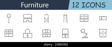 Icona del set di mobili. Lampada, supporto TV, lavandino, ripiano a scala, armadio, lavagna laterale, comò, guardaroba, libreria, lampada da scrivania, comodino. Mobili per la casa Illustrazione Vettoriale