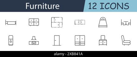 Icona del set di mobili. Letto, comò, guardaroba, comodino, sedia, tavolo da pranzo, frigorifero, piano cottura, porta. Arredamento per la casa, design di interni, arredamento Illustrazione Vettoriale