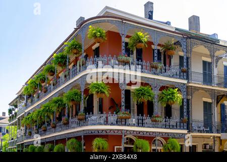 Quartiere francese, New Orleans, Stato della Louisiana, Stati Uniti. Le case cittadine di New Orleans (edifici più vecchi) hanno spesso gallerie in ghisa con decorazioni baluste Foto Stock