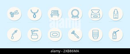 Icona Set strumenti parrucchiere. Forbici, specchio, smalto per unghie, rasoio e sapone. Concetto di bellezza, cura del corpo e cura personale. Illustrazione Vettoriale