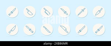 Icona Set coltelli. Vari coltelli, tra cui chef, macellaio e coltelli multiuso. Utensili da cucina, posate, concetto culinario. Illustrazione Vettoriale