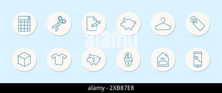 Icona Finanza e shopping set. Salvadanaio, appendiabiti, tag e grafico. Gestione del denaro, vendita al dettaglio e concetto di budget. Illustrazione Vettoriale