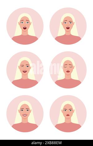 Donna con diverse espressioni facciali. La giovane ragazza bionda sta confondendo, piangendo, sorridendo, spaventata, arrabbiata e ridendo. Illustrazione vettoriale Illustrazione Vettoriale