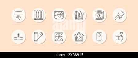 Icona di impostazione HVAC. Condizionatore d'aria, radiatore, termostato, ventola, impianto di riscaldamento, caldaia. Sistema di climatizzazione, ventilazione e riscaldamento. Icone della linea vettoriale attive Illustrazione Vettoriale