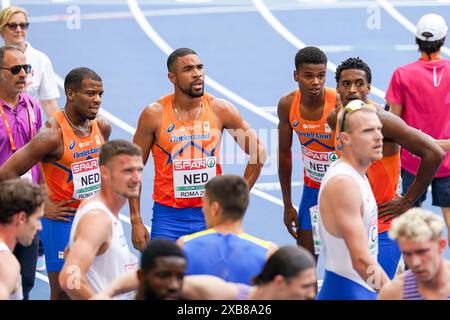 Roma, Italia. 11 giugno 2024. ROMA, ITALIA - 11 GIUGNO: Ramsey Angela dei Paesi Bassi, Terrence Agard dei Paesi Bassi, Isaya Klein Ikkink dei Paesi Bassi, Isayah Boers dei Paesi Bassi gareggiando nella staffetta 4 x 400m durante il quinto giorno dei Campionati europei di atletica leggera - Roma 2024 allo Stadio Olimpico l'11 giugno 2024 a Roma, Italia. (Foto di Joris Verwijst/Agenzia BSR) credito: Agenzia BSR/Alamy Live News Foto Stock