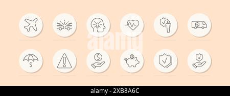 Icona dei servizi assicurativi. Aereo, incidente d'auto, cervello, battito cardiaco, persona, camion, ombrello, avvertimento, denaro, salvadanaio, mano, scudo. Linea vettoriale ico Illustrazione Vettoriale