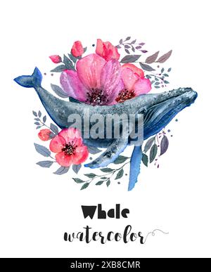 Una balena circondata da fiori rosa e foglie in un dipinto ad acquerello Foto Stock