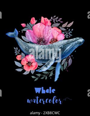 Balena circondata da fiori rosa su sfondo nero Foto Stock