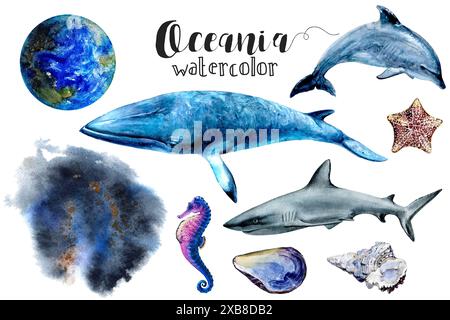 Vivaci dipinti ad acquerello di organismi oceanici in azzurro e blu elettrico Foto Stock