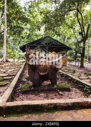 Ceppo d'albero scolpito nell'arte vicino alla grotta della foresta pluviale di Perlis, Malesia. Foto Stock