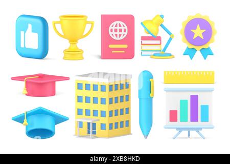 Education Success Diploma Medal School College University Achievement Set icona 3d illustrazione vettoriale realistica. Lezione del corso di apprendimento stu Illustrazione Vettoriale