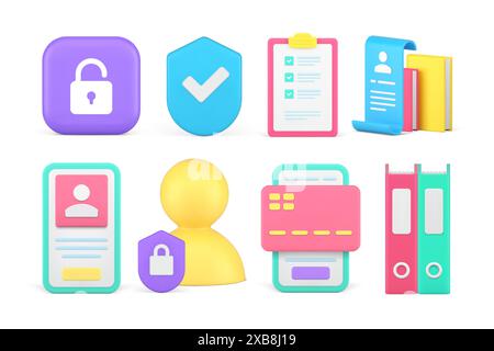 Verifica della protezione delle informazioni accesso tramite password archivio segreto set di sicurezza dei dati personali icona 3d illustrazione vettoriale realistica. Database account Illustrazione Vettoriale