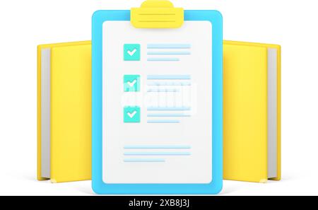Per fare un elenco completato, selezionare Appunti libro testo blocco note esaminare preparare nota aziendale icona 3d illustrazione vettoriale realistica. Imparare a studiare il controllo Illustrazione Vettoriale