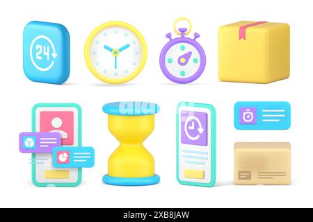 Servizio di consegna pacchi pacchi consegna tempi scatola di cartone conto alla rovescia app per smartphone Set 3d icona vettoriale realistica. Carico commerciale veloce Illustrazione Vettoriale