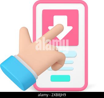 Download dei dati delle applicazioni per smartphone cloud computing condivisione file sistema di trasferimento icona 3d realistica illustrazione vettoriale. Mano umana che tocca ph mobile Illustrazione Vettoriale