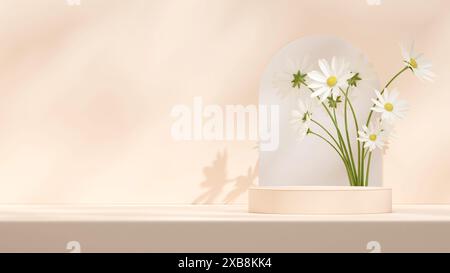 rendering in 3d del modello mockup di podio color marrone chiaro in un ritratto con fiori a margherita bianchi Foto Stock
