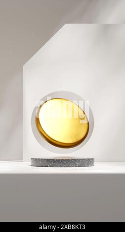 Scena di mockup con rendering in 3d in marmo nero con cerchio dorato e sfondo bianco Foto Stock