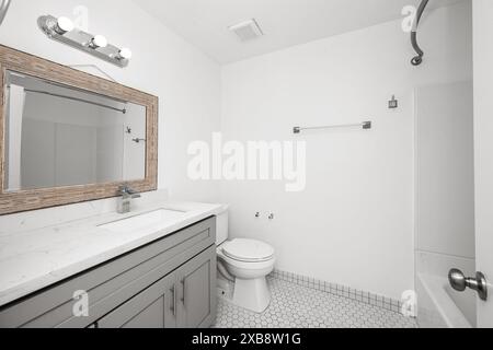 Bagno minuscolo con WC bianco sotto un grande specchio Foto Stock
