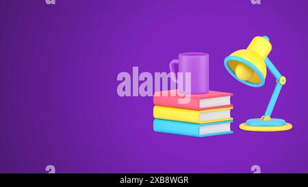 Leggendo libri interessanti con tazza da tè e lampada da tavolo godendo di un hobby educativo preferito illustrazione vettoriale di icone 3d. E' tempo per te o per lea Illustrazione Vettoriale