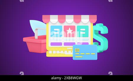 Consegna di prodotti per la spesa online con interfaccia utente del sito Web del computer portatile carrello di credito icona 3d immagine vettoriale isometrica. Prodotti alimentari Internet m Illustrazione Vettoriale