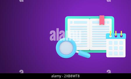 Pianificazione di scadenze aziendali importanti con pianificazione o lettura di un libro interessante con lente di ingrandimento icona 3d illustrazione vettoriale isometrica. Analisi in corso Illustrazione Vettoriale