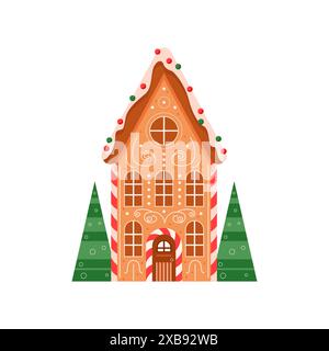 Casa invernale di pan di zenzero. Tradizionale biscotto natalizio, panificio invernale natalizio illustrazione vettoriale piatta Illustrazione Vettoriale