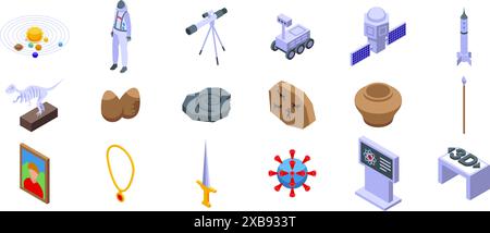 Il museo della scienza espone icone. Le icone del museo mostrano manufatti di epoche diverse e rami della conoscenza Illustrazione Vettoriale