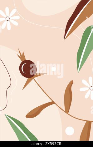 Modello astratto autunno rosehip con foglia verde, fiori e illustrazione vettoriale di frutta Illustrazione Vettoriale