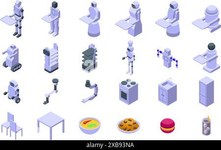 Set di icone dei ristoranti robot. Ristorante del futuro con camerieri robot che servono cibo e bevande ai clienti Illustrazione Vettoriale