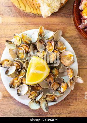 I galli appena cotti guarniti con una fetta di limone, serviti su un tavolo di legno con pane a lato. Foto Stock