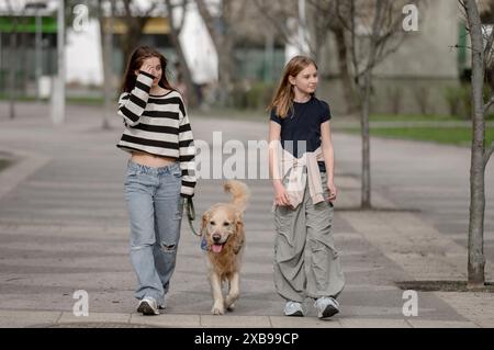 Due sorelle con Un Golden Retriever camminano per strada in estate Foto Stock