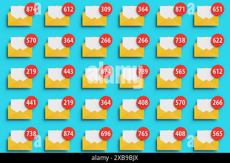 Icone gialle delle buste aperte con lettera bianca e un cerchio rosso negli angoli in alto a destra che mostra il numero di e-mail non lette. E-mail spam e posta indesiderata Foto Stock