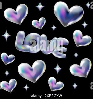 motivo olografico 3d retro 90 senza cuciture. Chrome Love Text, Hearts and Stars in stile Y2K su sfondo nero. Estetica galassia del futuro, grafica 3D cromata a bolle. Grafica astratta lucida in metallo. Illustrazione Vettoriale