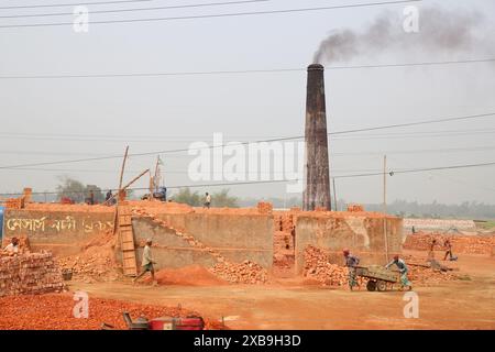 I mattoni di fango del suolo in un campo aperto sono lasciati asciugare al sole prima di essere bruciati nei forni tradizionali, il Bangladesh Foto Stock