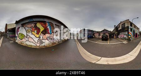 Visualizzazione panoramica a 360 gradi di Panorama a 360° della cultura della Street art sotterranea della Back Alley Gallery a Eggins Lane CBD di Lismore Northern Rivers New South Wales Australia