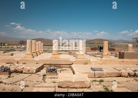 Rovine del complesso privato di Ciro il grande (559 - 530 a.C.) costituito da sale rettangolari e colonne in pietra, Pasargadae, Iran Foto Stock