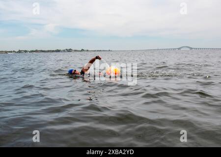 Una donna che nuota nella baia indossando una boa di sicurezza arancione con il Great South Bay Bridge sullo sfondo a Babylon New York. Foto Stock