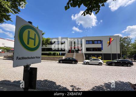 Haltestellenschild in der Fachhochschule der Polizei ad Aschersleben. Tag der offenen Tür am 08.06.2024 an der Fachhochschule der Polizei ad Aschersleben Sachsen-Anhalt. Interessierte Besucher bekommen einen Blick hinter die Kulissen des Polizeialltags. MIT Unterstützung der gesammten Kolleginnen und Kollegen der Landespolizei Sachsen- Anhalt gibt es umfangreiche Ausstellungsangebote und verschiedenen Vorführungen. Es gibt eine Straße der Einsatzgebiete, welche z.B. Wasserwerfer, Sonderwagen, Gerätewagen, Taucherkraftwagen sowie ein Polizeiboot und einen Stand der Wasserschutzpolizei präsentie Foto Stock