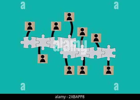 Assegnazione di obiettivi e obiettivi ai singoli individui in un processo aziendale separato su sfondo blu cartaceo Foto Stock