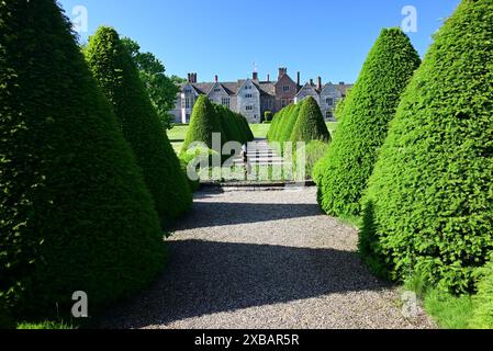 Ombre lunghe nel giardino posteriore di Littlecote House, un hotel Warner nel Wiltshire. Foto Stock