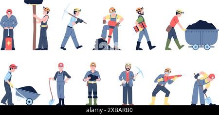 Lavoratori dell'industria mineraria. Minatori professionisti con attrezzature e utensili di lavoro. Carbone in carrello, dinamite, pale per minatore, set vettoriale recente Illustrazione Vettoriale