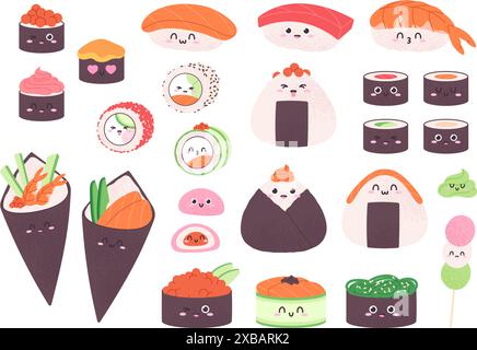 Personaggi di sushi. Simpatici onigiri e panini, facce divertenti della cucina tradizionale asiatica. Il carattere infantile positivo, spuntini da riso e frutti di mare Illustrazione Vettoriale