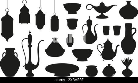 Sagome delle stoviglie marocchine orientali. Icone nere della lanterna araba, vasi e pentole. Vasi decorativi in stile classico. Sagoma delle caraffe, clipart vettoriale Illustrazione Vettoriale
