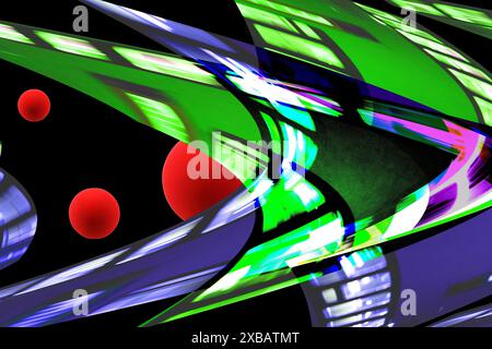 Design astratto di forme strutturate piegate in verde, blu e nero con globi rossi di diverse dimensioni. Foto Stock