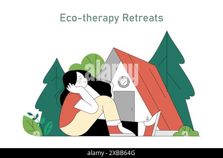 Concetto di eco-terapia. Donna che si rilassa vicino a una tenda in un tranquillo ambiente forestale. Ricongiungimento con la natura, benessere mentale all'aperto. Illustrazione vettoriale. Illustrazione Vettoriale