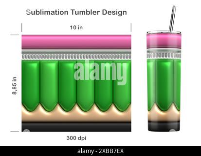 Disegno a matita per insegnanti. Ritorno al concetto di scuola. Stile bolla gonfiato in 3D. Design a sublimazione per bicchiere magro da 20 once. Foto Stock