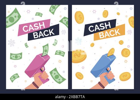 Striscione di pistola da soldi. Pistole a mano, macchina giocattolo e spara un coupon cash fly o monete cadenti, annuncio di sconti di vendita evento vantaggi poster dei punti di mercato illustrazione vettoriale Illustrazione Vettoriale