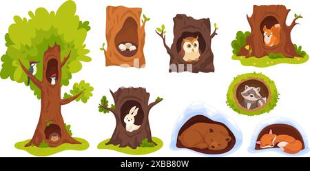 Animali all'interno delle cavità. Animale della foresta in buca cava albero legno casa naturale o tana di casa, grazioso picchio adorabile nido di uccelli di scoiattolo della volpe, ingegnoso disegno vettoriale dei cartoni animati Illustrazione Vettoriale