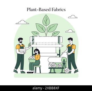 Concetto di moda sostenibile. Persone che producono tessuti a partire da materiali vegetali che promuovono abbigliamento ecocompatibile. Una pratica di produzione ecologica. Illustrazione vettoriale. Illustrazione Vettoriale