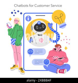 Concetto di tecnologia retail. Illustrazione di chatbot ai che assistono i clienti con due persone che interagiscono tramite smartphone. Innovazione del servizio clienti digitale. Illustrazione vettoriale. Illustrazione Vettoriale